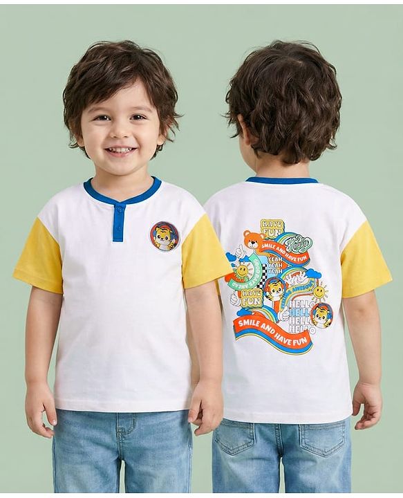 Babyhug 100% Cotton Knit Half Drop Shoulder Sleeves Henley T-Shirt with Front & Back Animal Print - White