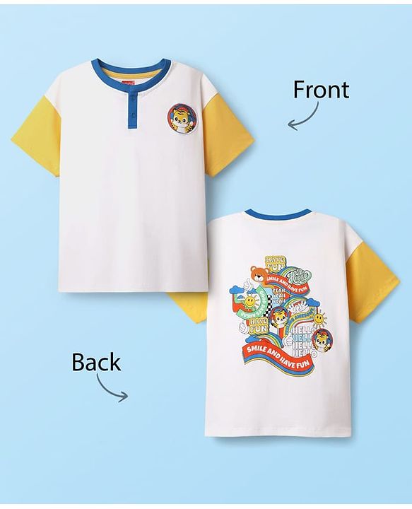 Babyhug 100% Cotton Knit Half Drop Shoulder Sleeves Henley T-Shirt with Front & Back Animal Print - White