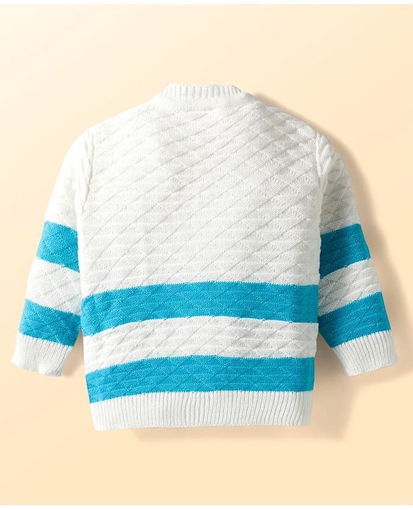 Babyhug Knit Full Sleeves Striped Front Open Sweater Set with Pair of Socks & Cap - Royal Blue & White