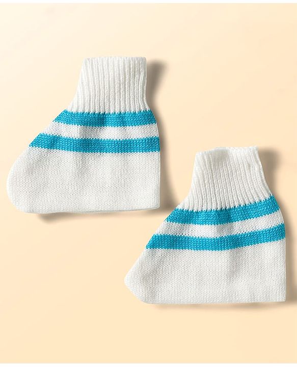 Babyhug Knit Full Sleeves Striped Front Open Sweater Set with Pair of Socks & Cap - Royal Blue & White