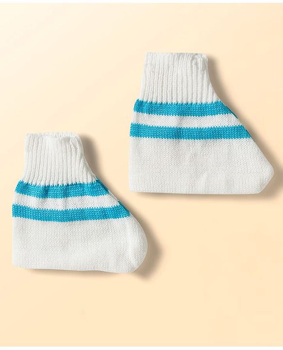 Babyhug Knit Full Sleeves Striped Front Open Sweater Set with Pair of Socks & Cap - Royal Blue & White
