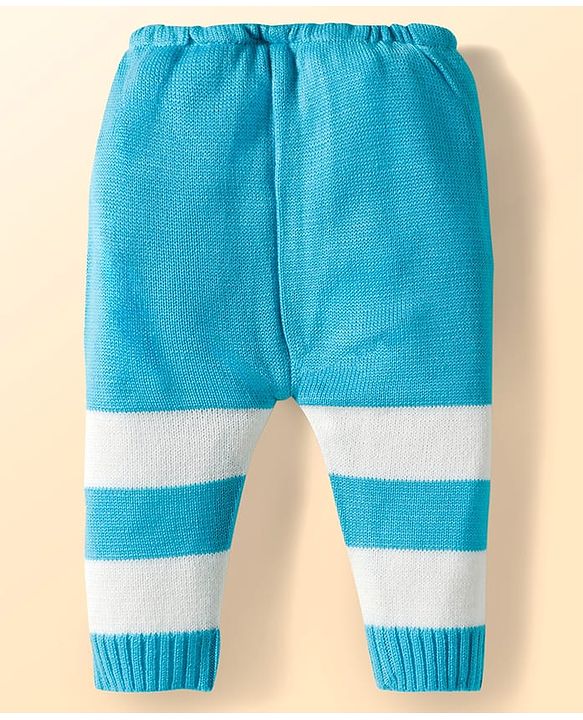 Babyhug Knit Full Sleeves Striped Front Open Sweater Set with Pair of Socks & Cap - Royal Blue & White
