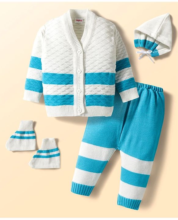 Babyhug Knit Full Sleeves Striped Front Open Sweater Set with Pair of Socks & Cap - Royal Blue & White