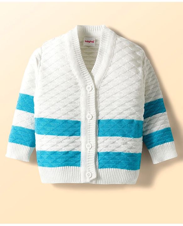 Babyhug Knit Full Sleeves Striped Front Open Sweater Set with Pair of Socks & Cap - Royal Blue & White