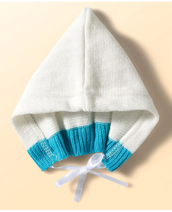 Babyhug Knit Full Sleeves Striped Front Open Sweater Set with Pair of Socks & Cap - Royal Blue & White