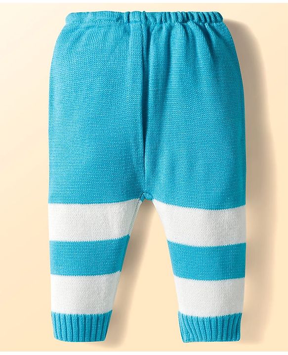 Babyhug Knit Full Sleeves Striped Front Open Sweater Set with Pair of Socks & Cap - Royal Blue & White