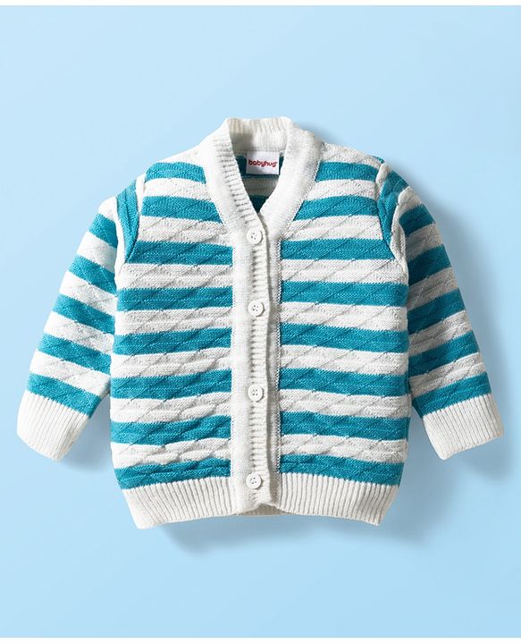 Babyhug Knit Full Sleeves Striped Front Open Sweater Set with Pair of Socks & Cap - Light Blue & White