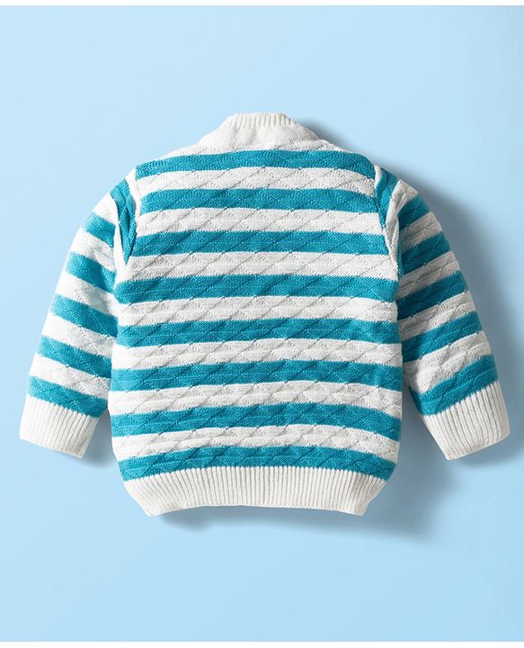 Babyhug Knit Full Sleeves Striped Front Open Sweater Set with Pair of Socks & Cap - Light Blue & White