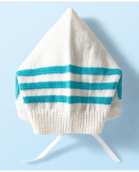 Babyhug Knit Full Sleeves Striped Front Open Sweater Set with Pair of Socks & Cap - Light Blue & White