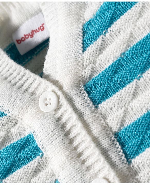 Babyhug Knit Full Sleeves Striped Front Open Sweater Set with Pair of Socks & Cap - Light Blue & White