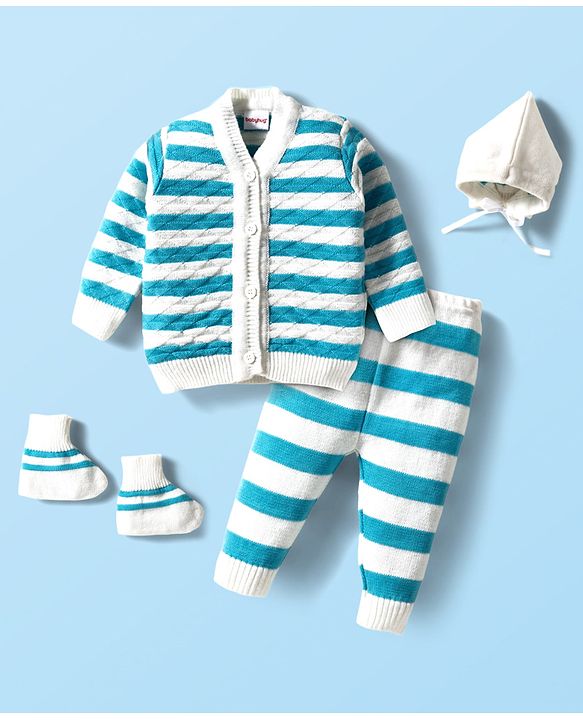 Babyhug Knit Full Sleeves Striped Front Open Sweater Set with Pair of Socks & Cap - Light Blue & White