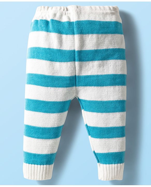 Babyhug Knit Full Sleeves Striped Front Open Sweater Set with Pair of Socks & Cap - Light Blue & White