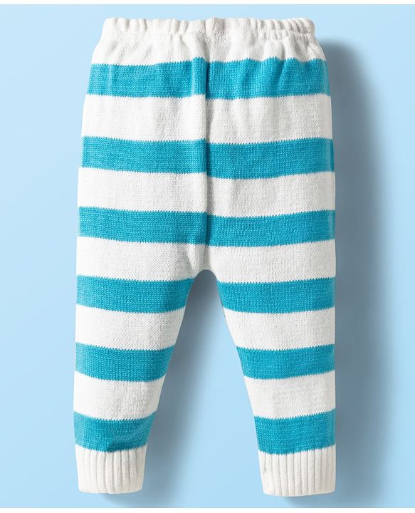 Babyhug Knit Full Sleeves Striped Front Open Sweater Set with Pair of Socks & Cap - Light Blue & White