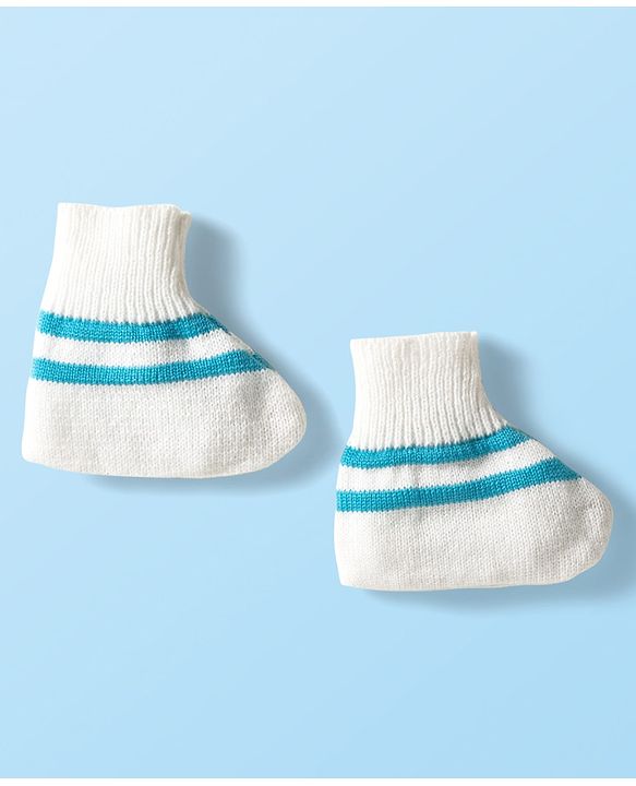 Babyhug Knit Full Sleeves Striped Front Open Sweater Set with Pair of Socks & Cap - Light Blue & White