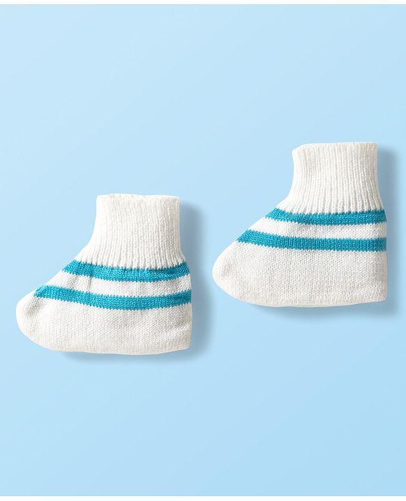 Babyhug Knit Full Sleeves Striped Front Open Sweater Set with Pair of Socks & Cap - Light Blue & White