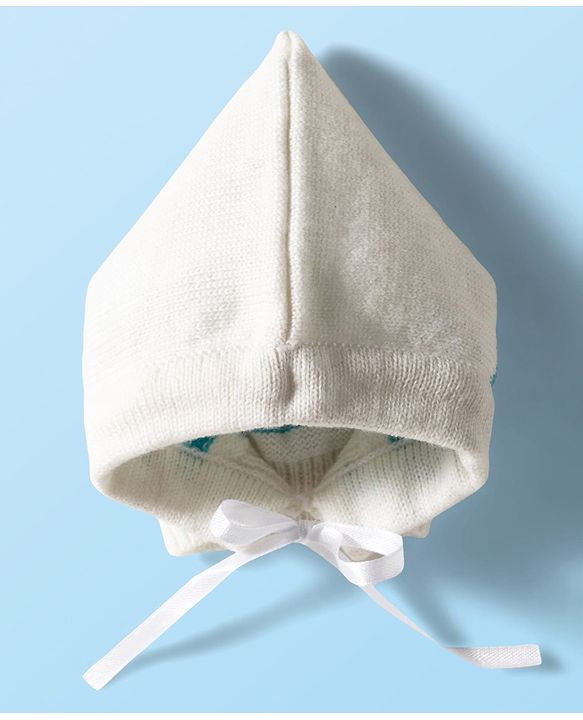 Babyhug Knit Full Sleeves Striped Front Open Sweater Set with Pair of Socks & Cap - Light Blue & White