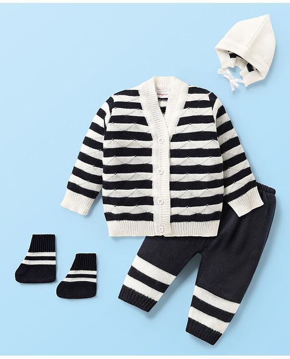 Babyhug Knitted Full Sleeves Striped Front Open Sweater Set with Cap  Pair of Booties - Navy Blue & White