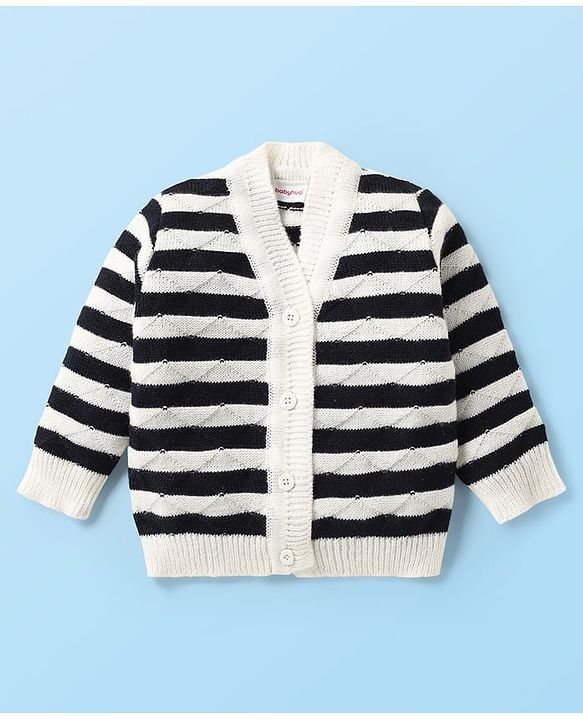 Babyhug Knitted Full Sleeves Striped Front Open Sweater Set with Cap  Pair of Booties - Navy Blue & White