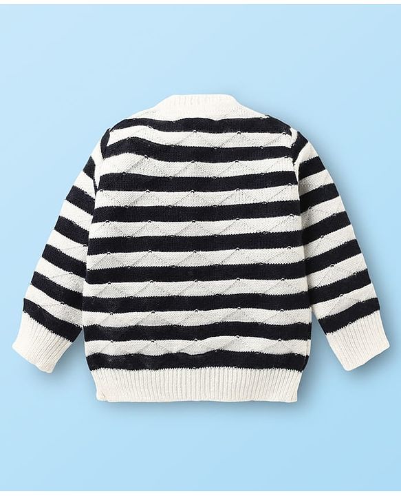 Babyhug Knitted Full Sleeves Striped Front Open Sweater Set with Cap  Pair of Booties - Navy Blue & White