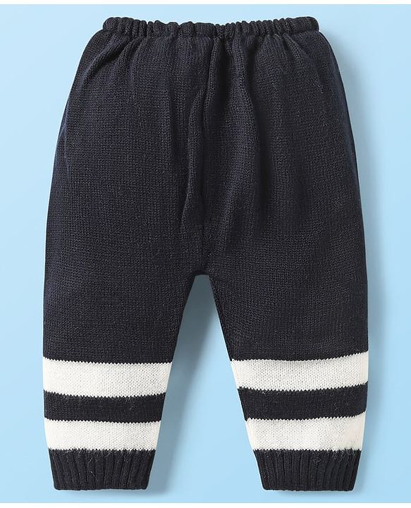 Babyhug Knitted Full Sleeves Striped Front Open Sweater Set with Cap  Pair of Booties - Navy Blue & White