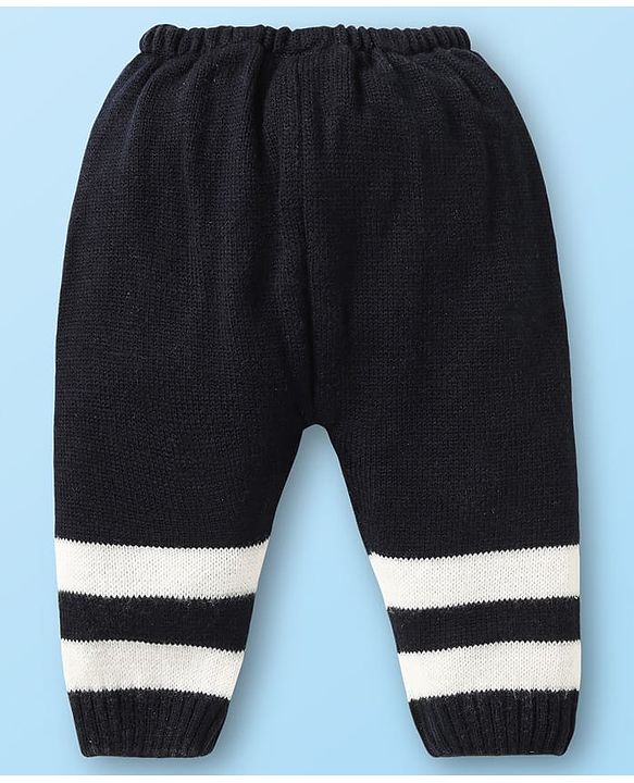 Babyhug Knitted Full Sleeves Striped Front Open Sweater Set with Cap  Pair of Booties - Navy Blue & White
