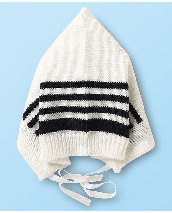 Babyhug Knitted Full Sleeves Striped Front Open Sweater Set with Cap  Pair of Booties - Navy Blue & White