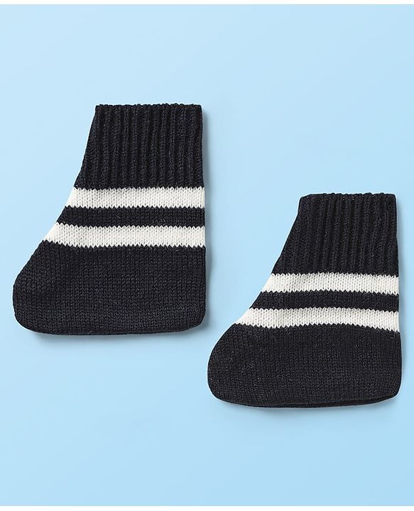 Babyhug Knitted Full Sleeves Striped Front Open Sweater Set with Cap  Pair of Booties - Navy Blue & White