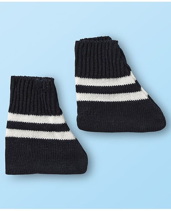 Babyhug Knitted Full Sleeves Striped Front Open Sweater Set with Cap  Pair of Booties - Navy Blue & White