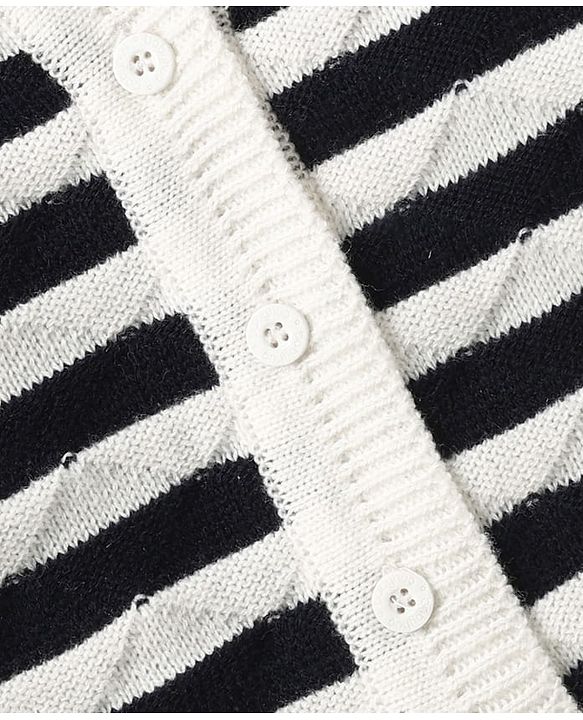 Babyhug Knitted Full Sleeves Striped Front Open Sweater Set with Cap  Pair of Booties - Navy Blue & White