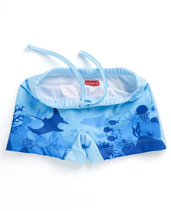 Babyhug Water Repellant Swimming Trunk With Fish Print - Light Blue