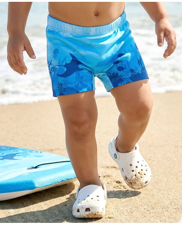 Babyhug Water Repellant Swimming Trunk With Fish Print - Light Blue