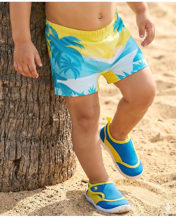 Babyhug Water Repellant Swimming Trunk With Tropical Theme Print - Yellow