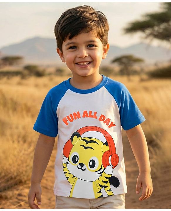 Babyhug 100% Cotton Knit Half Sleeves Raglan T-Shirt with Fun All Day Text Print - Blue & White
