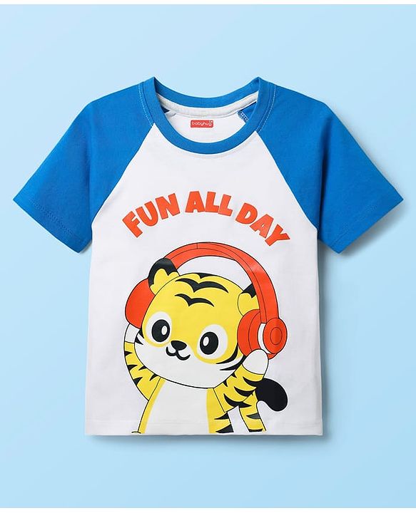 Babyhug 100% Cotton Knit Half Sleeves Raglan T-Shirt with Fun All Day Text Print - Blue & White