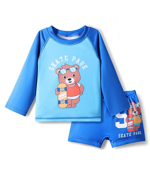 Babyhug Full Raglan Sleeves Water Repellent Two Piece Swimsuit with Bear Print - Blue