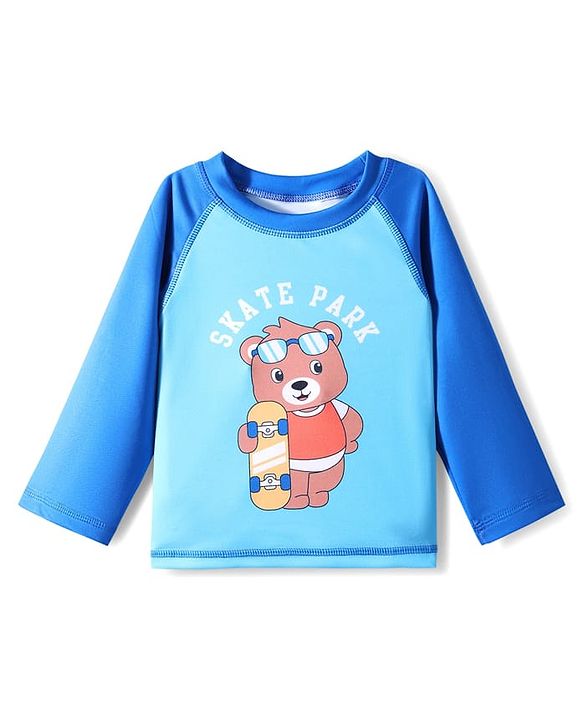 Babyhug Full Raglan Sleeves Water Repellent Two Piece Swimsuit with Bear Print - Blue