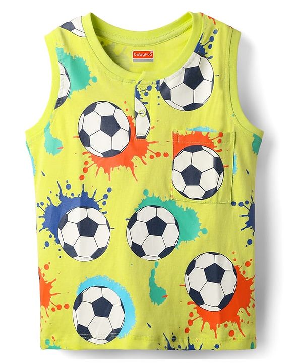 Babyhug Cotton Knit Sleeveless Tank T-Shirt With Football Print - Yellow