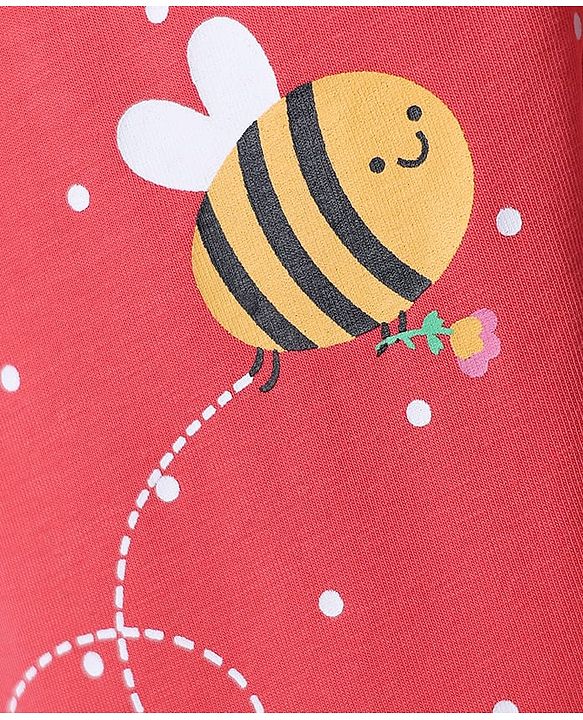 Babyhug Cotton Lycra Knit Full Length Leggings with Floral Fruit & Bee Print - Red
