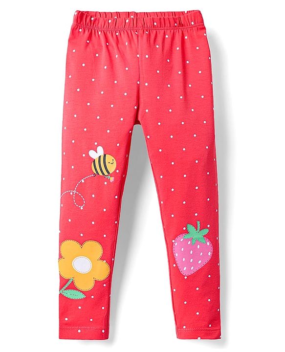 Babyhug Cotton Lycra Knit Full Length Leggings with Floral Fruit & Bee Print - Red