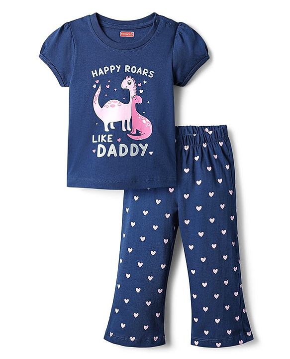 Babyhug Cotton Knit Half Sleeves Night Suit With Dino Print - Navy Blue