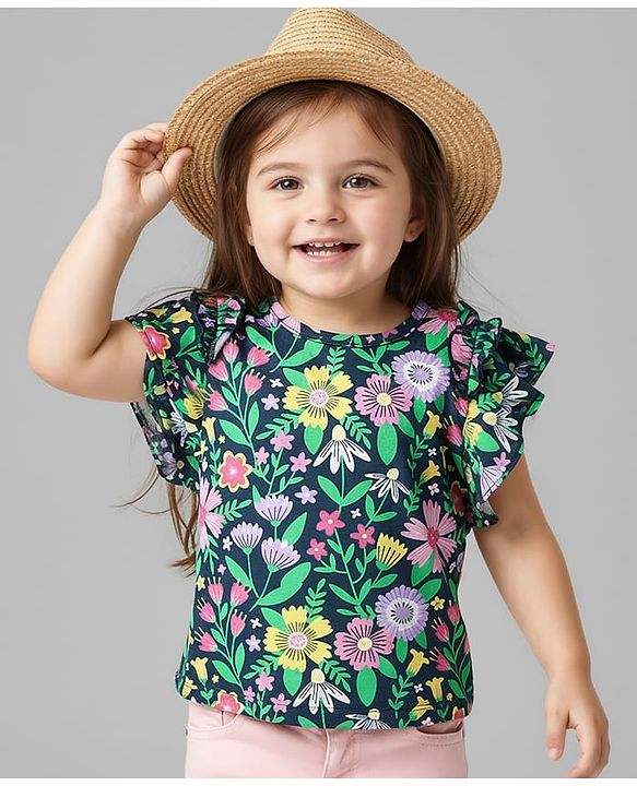Babyhug 100 % Cotton Knit Frill Sleeves Top with Floral Print - Navy Blue