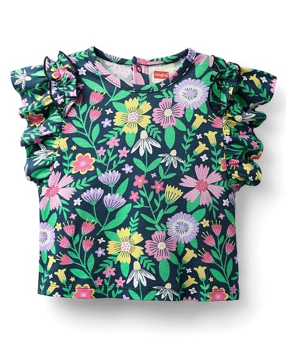 Babyhug 100 % Cotton Knit Frill Sleeves Top with Floral Print - Navy Blue