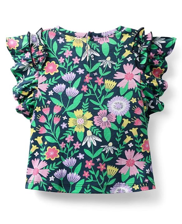 Babyhug 100 % Cotton Knit Frill Sleeves Top with Floral Print - Navy Blue
