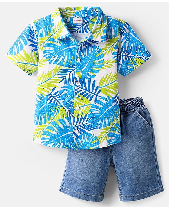 Babyhug Single Jersey Knit Half Sleeves Shirt & Denim Shorts Set With Leaf Print - Blue