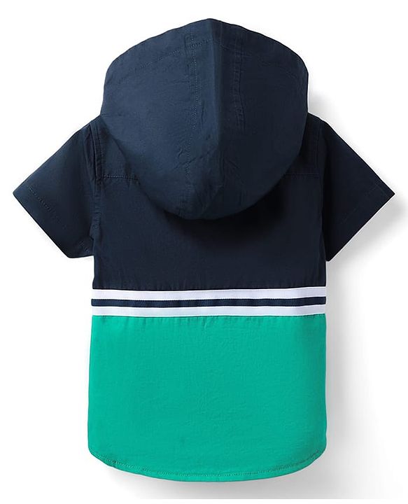 Babyhug Cotton Woven Half Sleeves Hooded Shirt with Cut & Sew Print - Navy Blue & Sea Green