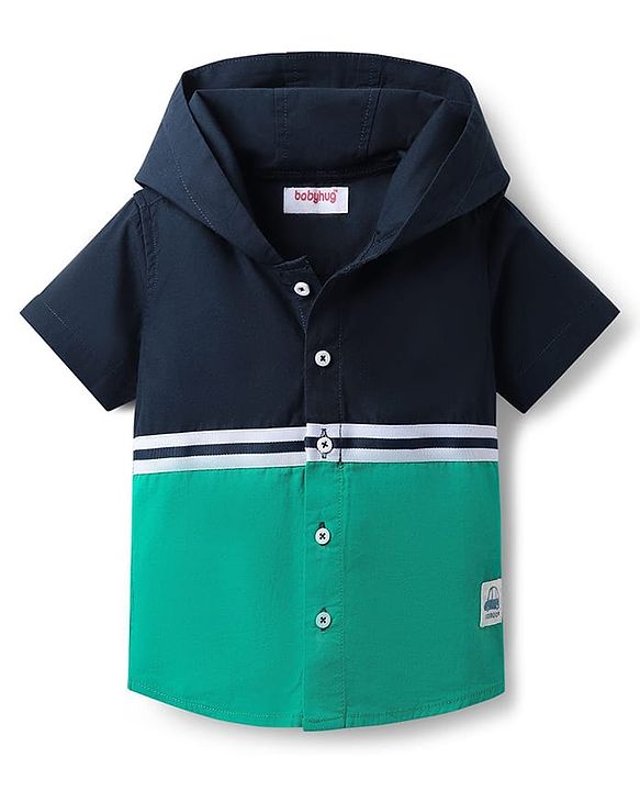 Babyhug Cotton Woven Half Sleeves Hooded Shirt with Cut & Sew Print - Navy Blue & Sea Green
