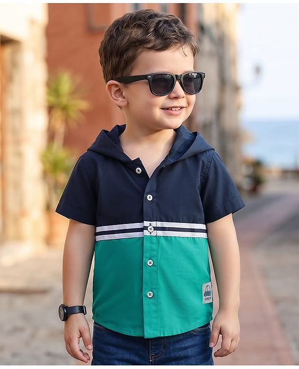 Babyhug Cotton Woven Half Sleeves Hooded Shirt with Cut & Sew Print - Navy Blue & Sea Green