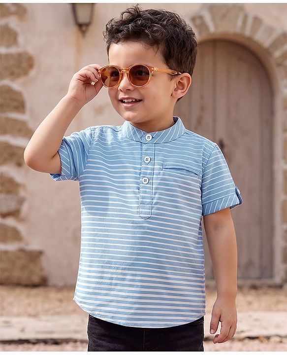 Babyhug Cotton Woven Half Sleeves Mandarin Collar Striped Kurta Style Shirt - Light Blue