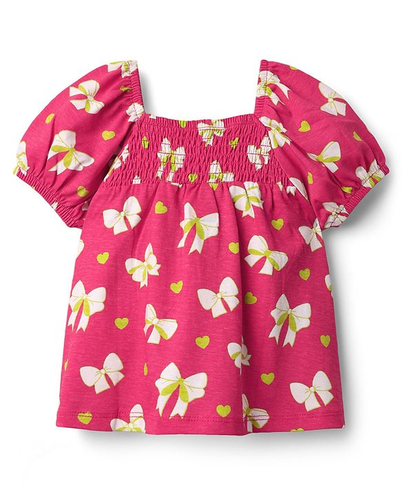 Babyhug 100 % Cotton Knit Puffed Sleeves Top with Smock Detailing & Bow Heart Print - Red