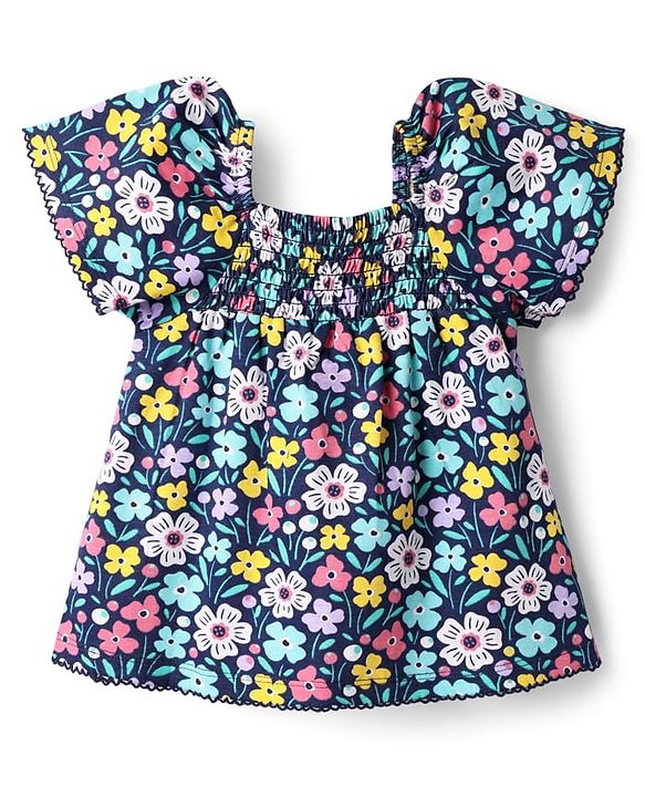 Babyhug 100 % Cotton Knit Puffed Sleeves Top with Smock Detailing & Floral Print - Navy Blue